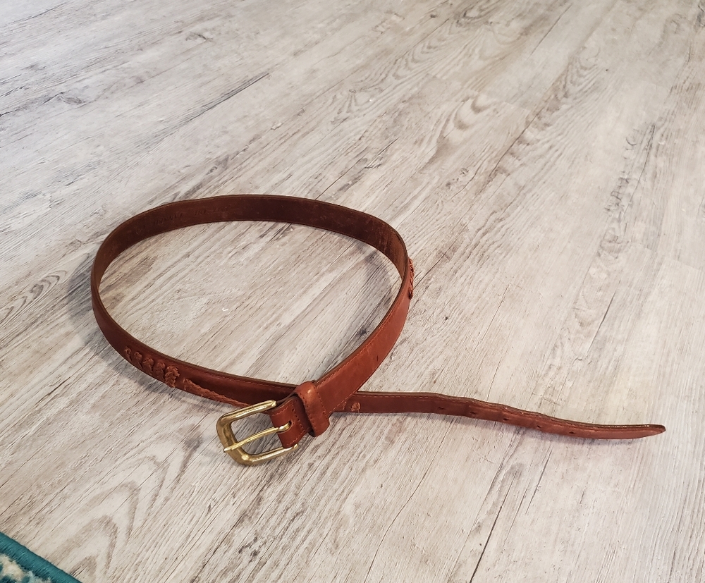 Southwestern brown leather belt gold brass buckle size 38 braided detail